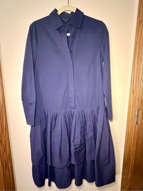 Weekend Navy Tiered Cotton Shirt Dress Size M